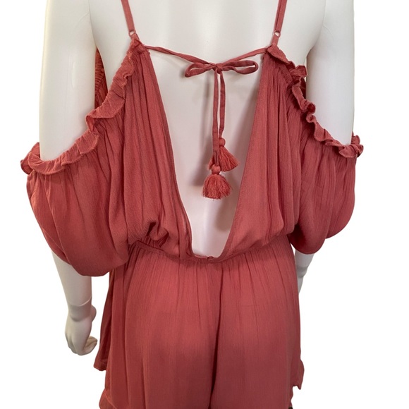 NWOT Topshop Rust Pink Coral Ruffle Hem Tie Back Cold Shoulder Slouchy Sleeve - Picture 9 of 12